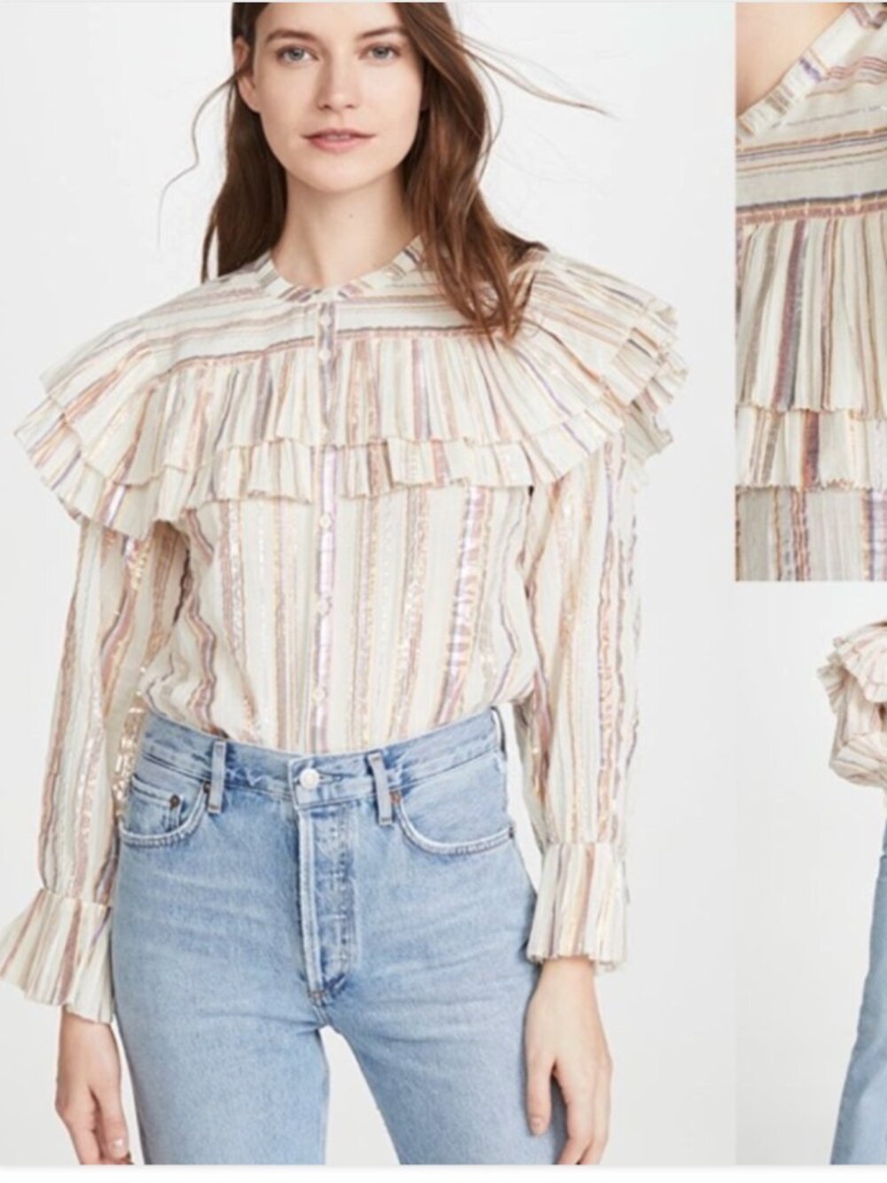 SEA NEW YORK The HarrietCotton Ruffle Blouse Neutrals w/ metallic Stripes Size 0